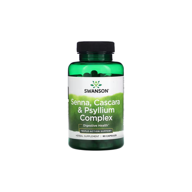 A bottle of Swanson Senna, Cascara & Psyllium Complex herbal supplement for digestive health, containing 90 capsules.